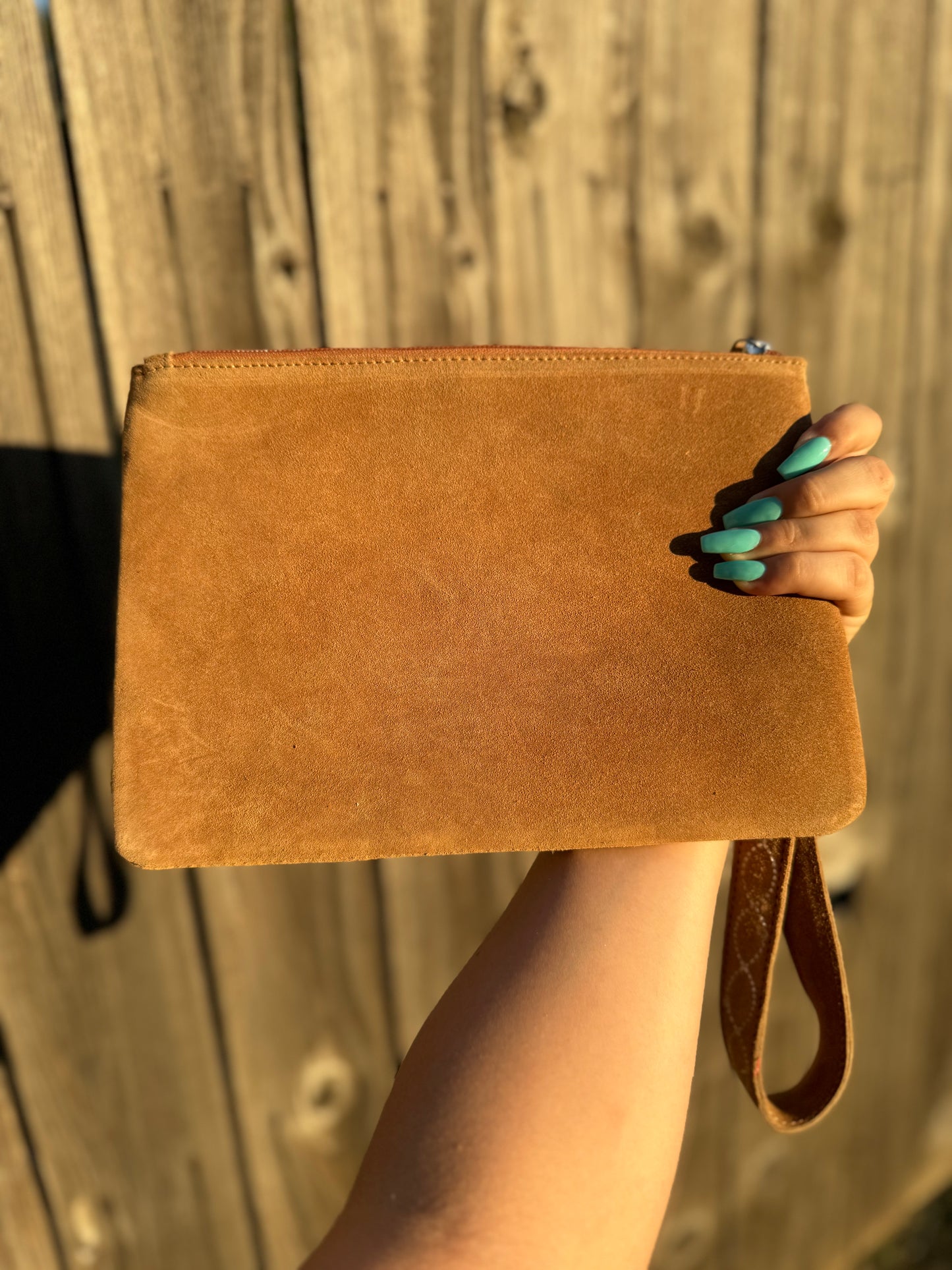 Tan Suede Leather Wristlet Pouch