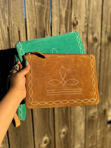 Tan Suede Leather Wristlet Pouch
