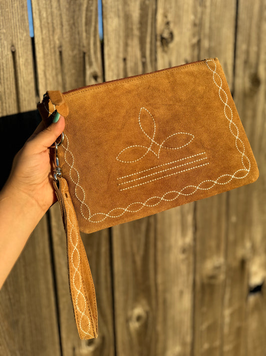 Tan Suede Leather Wristlet Pouch
