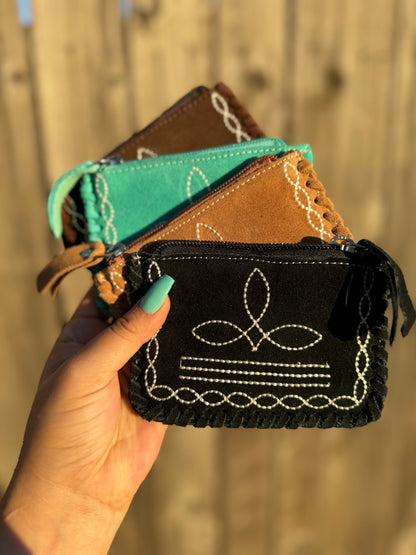 Boot Stitch Suede Coin Pouch