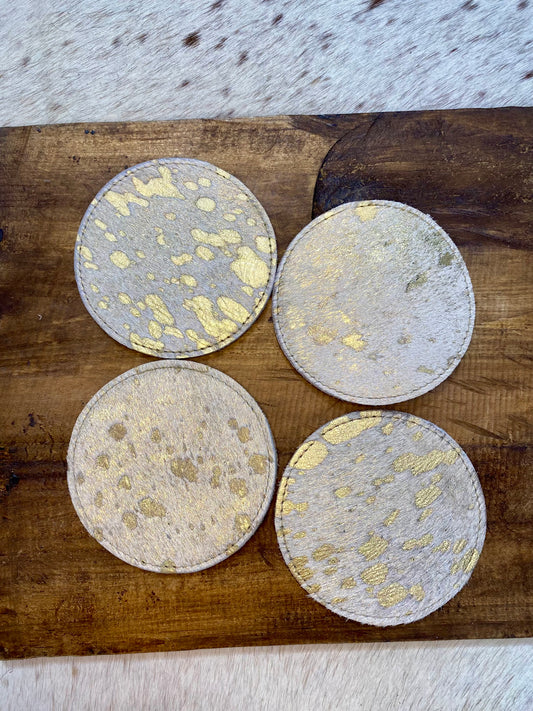 Gold Cowhide Leather Coasters 4pc Set