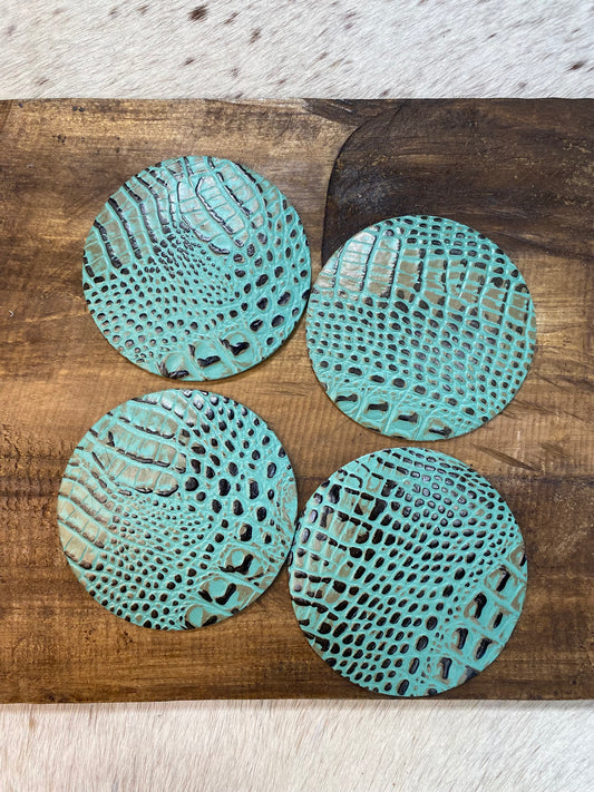 Turquoise Croc Design Leather Coasters 4pc Set